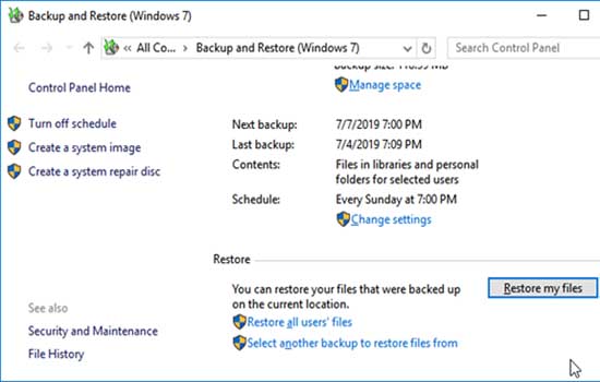 Try Windows Backup to Restore Permanently Deleted Files